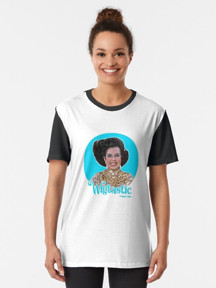 Vintage-inspired graphic t-shirt featuring the image of classic Hollywood movie star Ann Miller, a campy gay icon. - Women