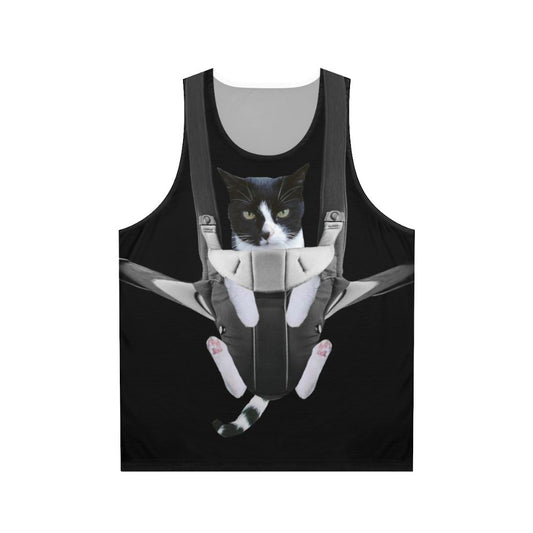 Unisex tank top with a cat in a baby carrier design