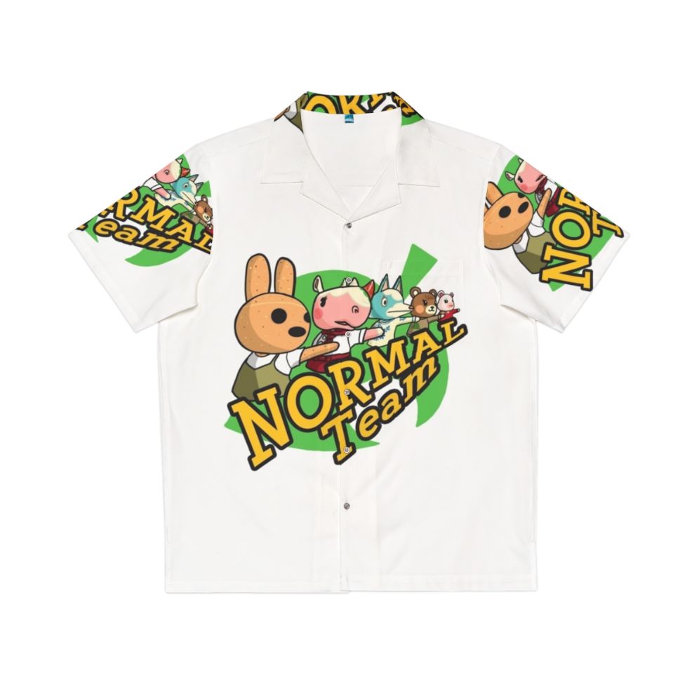 Colorful Hawaiian-style shirt with Animal Crossing character designs