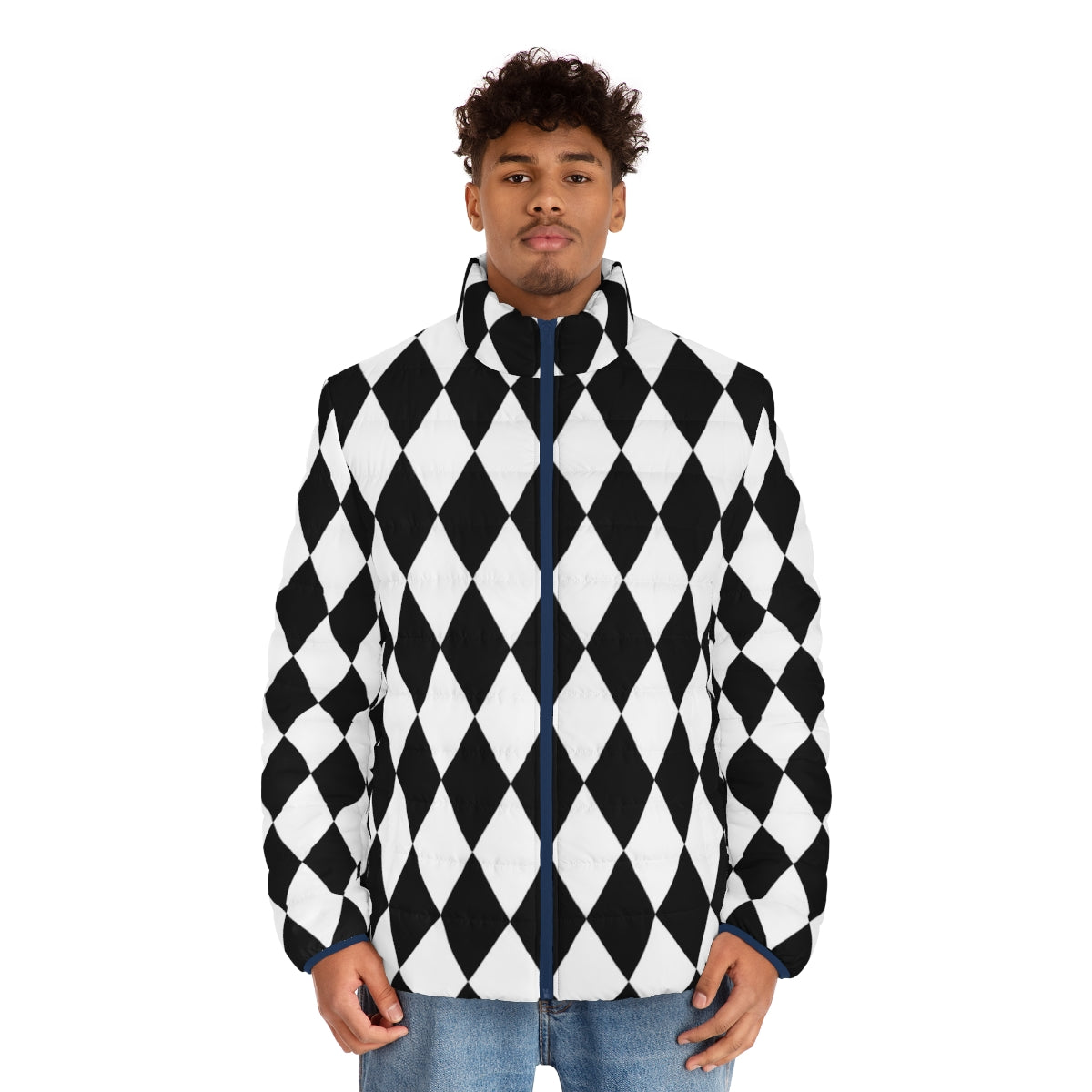 Black and white harlequin diamond pattern puffer jacket - men front