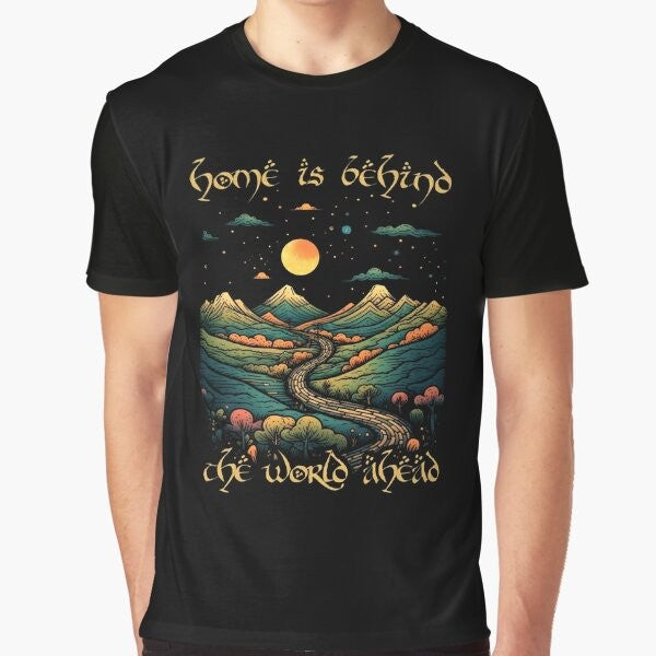 "Lord of the Rings inspired fantasy graphic t-shirt with the quote 'Home is Behind, the World Ahead'"