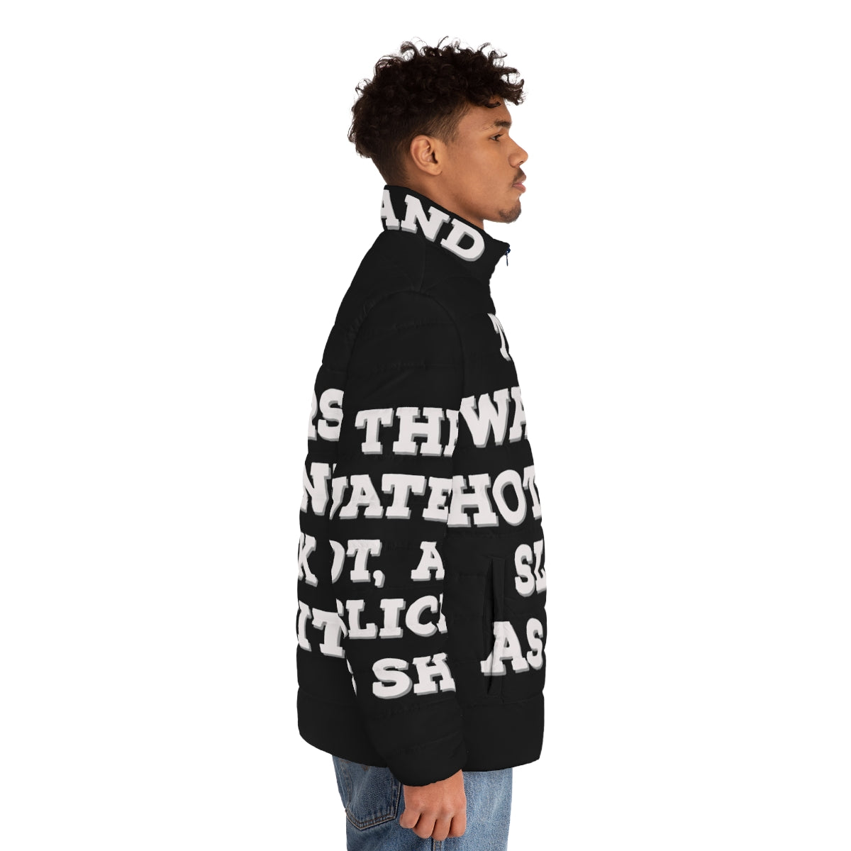 Slick and water-resistant puffer jacket featuring a Big Mouth Netflix quote - men side right