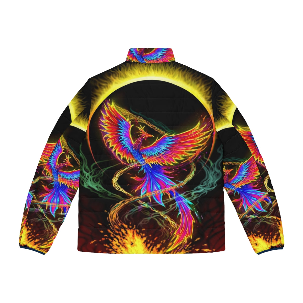 Phoenix rising above adversity puffer jacket with fire and smoke background - Back