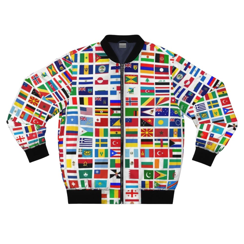 Colorful bomber jacket with flags of the world design, a stylish option for the global traveler