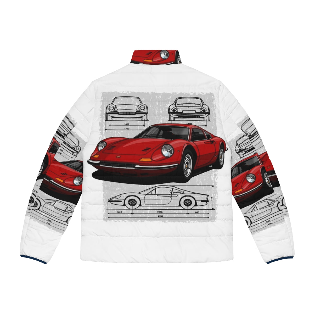 Illustration of a Ferrari Dino 206/246 GTB/GTS sports car printed on a puffer jacket - Back