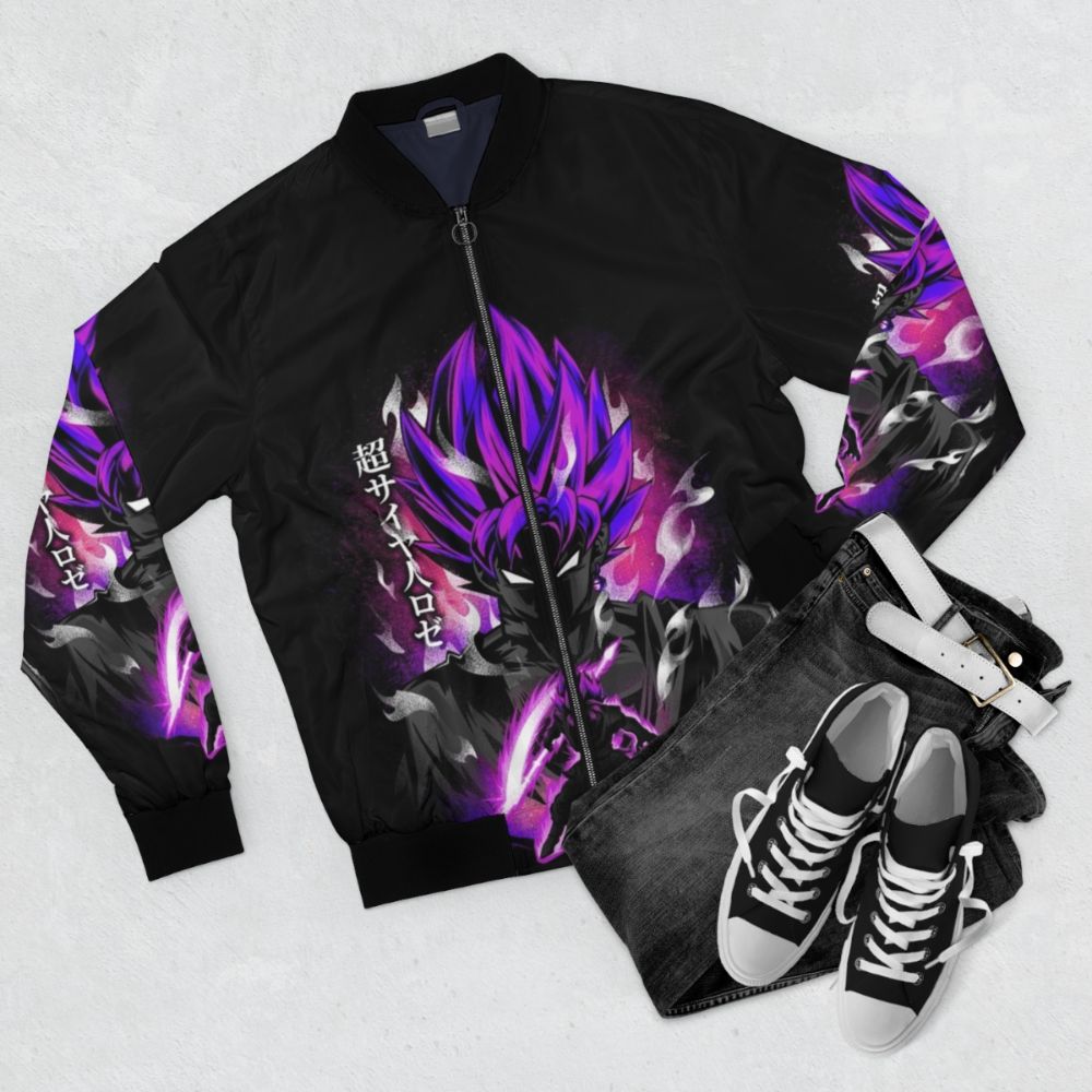 Ultra Instinct Rose Bomber Jacket - Powerful Saiyan Inspired Anime Design - Flat lay