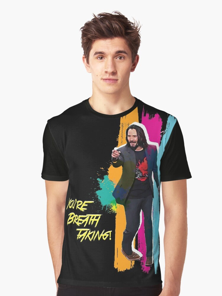 "You're Breathtaking" Keanu Reeves Cyber Punk Graphic T-Shirt with Vivid Rainbow Colors - Men