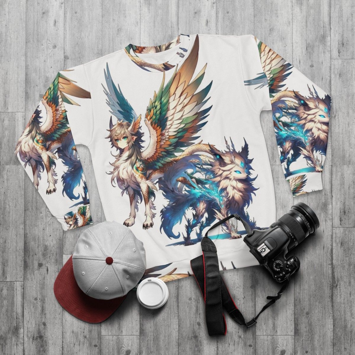 Sweatshirt featuring legendary animals and mythological creatures - flat lay