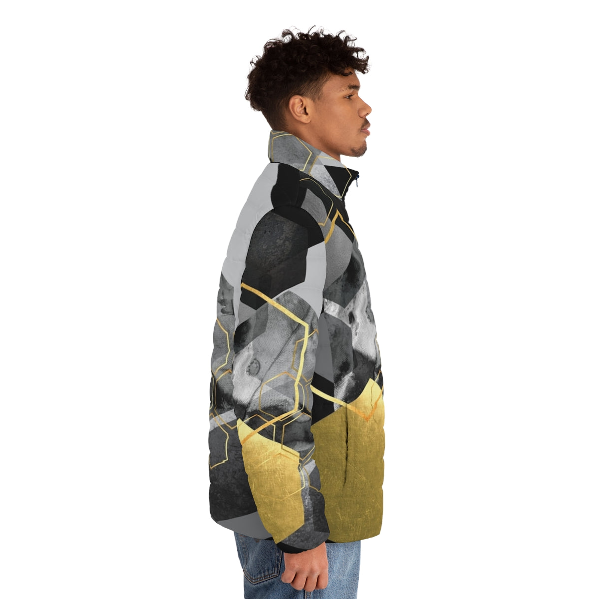 Geometric hexagon pattern puffer jacket with modern abstract art design - men side right