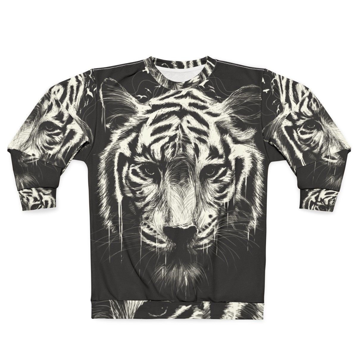 Interconnected sweatshirt with surreal, photorealistic tiger and bird graphics