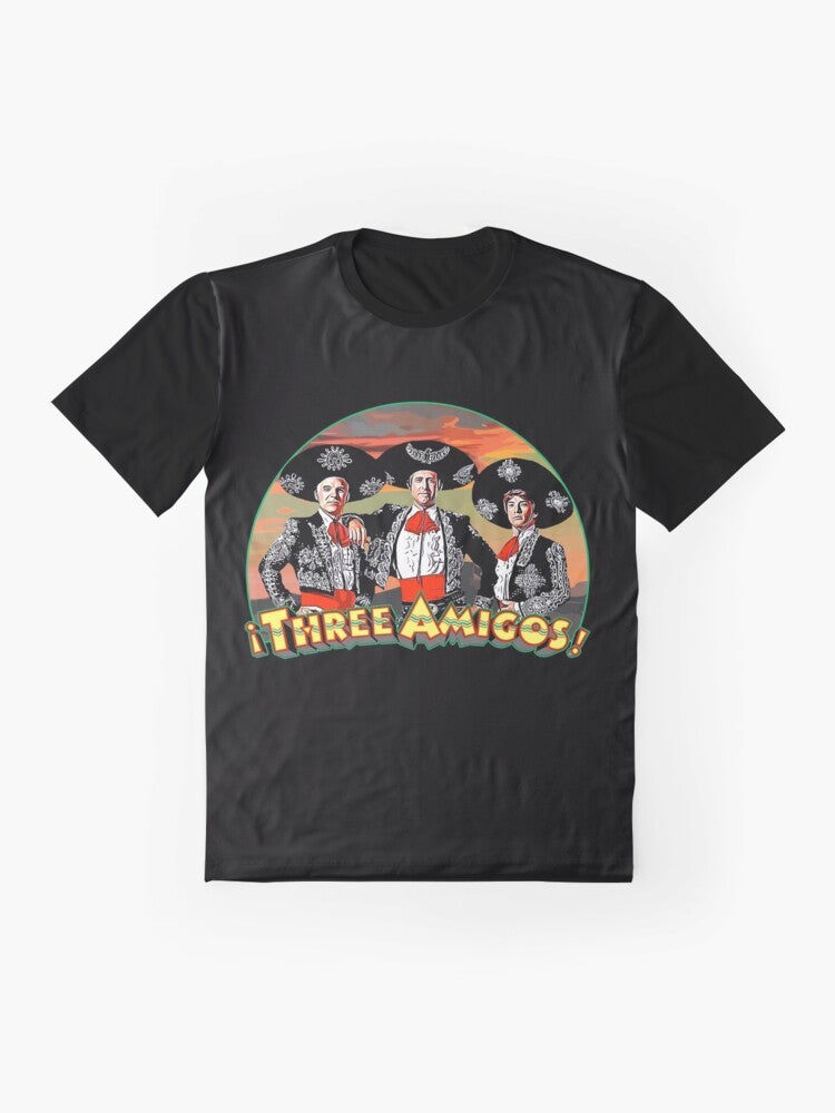 Three Amigos graphic t-shirt featuring the iconic trio of Martin Short, Steve Martin, and Chevy Chase - Flat lay