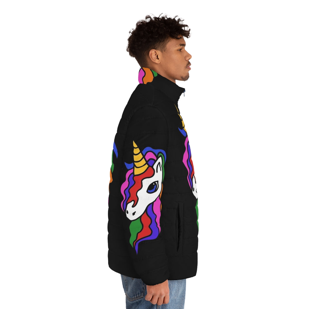 Colorful rainbow unicorn puffer jacket with a playful and whimsical design - men side right