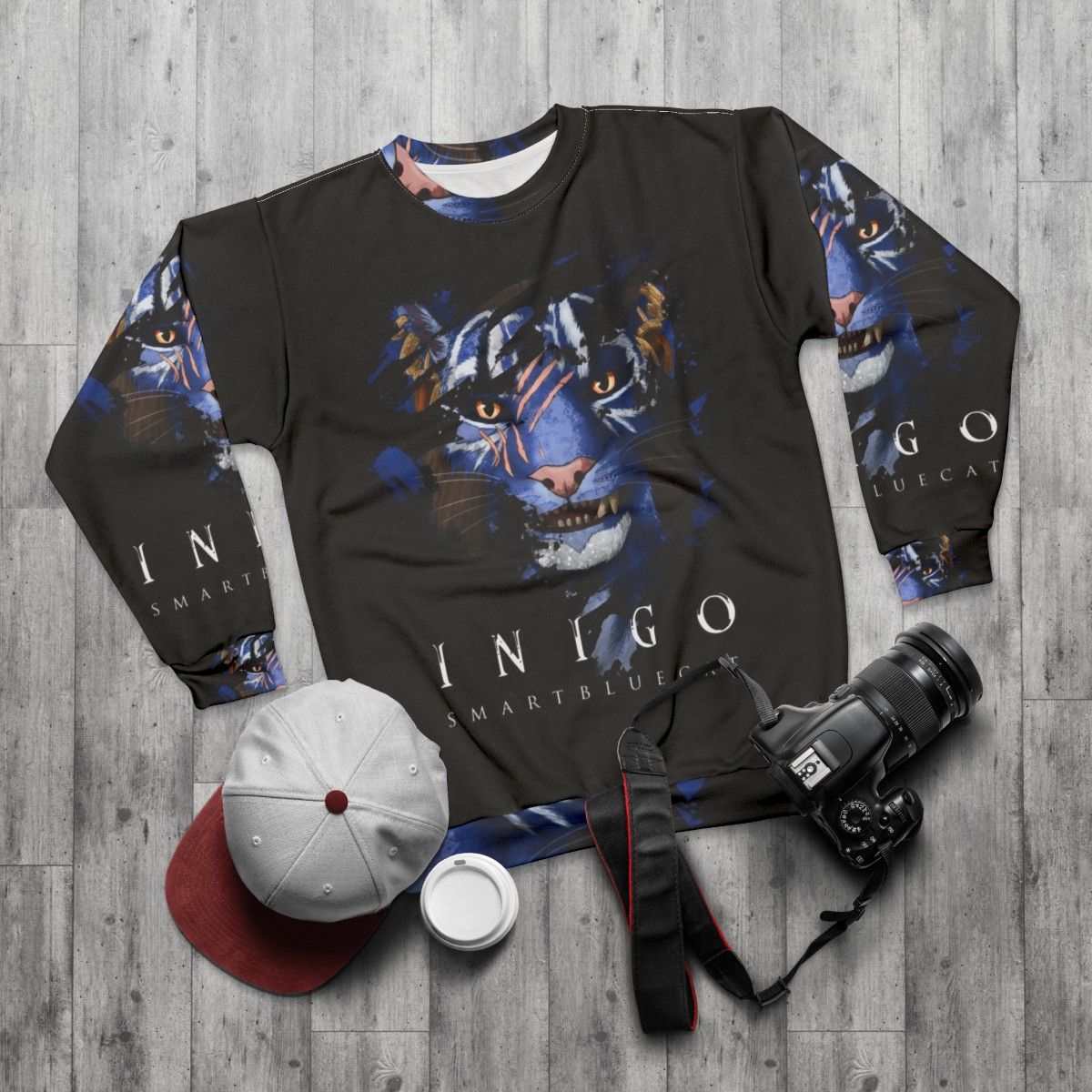 Inigo the Khajiit companion from Skyrim featured on a dark sweatshirt - flat lay