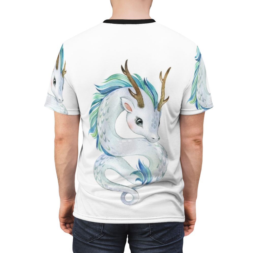 Whimsical illustration of a cute, magical dragon on a high-quality t-shirt - men back