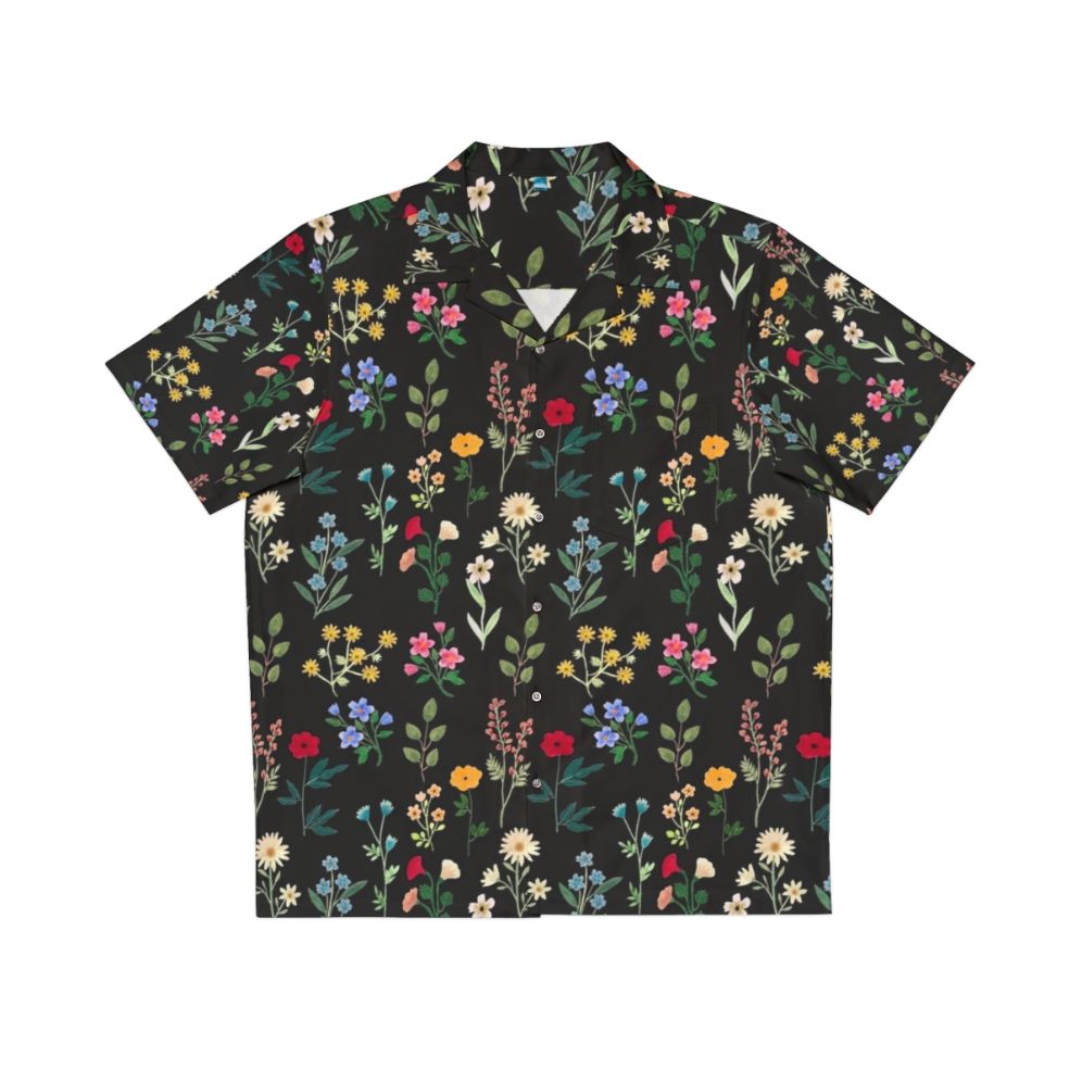 Black Hawaiian shirt with spring botanical floral pattern