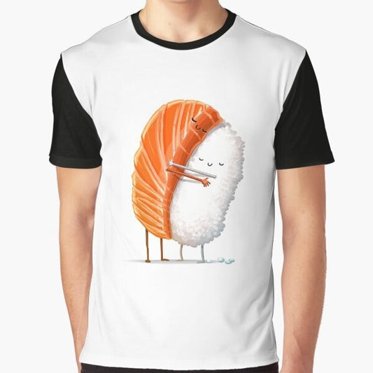 Sushi hug graphic t-shirt with cute design for sushi and anime lovers