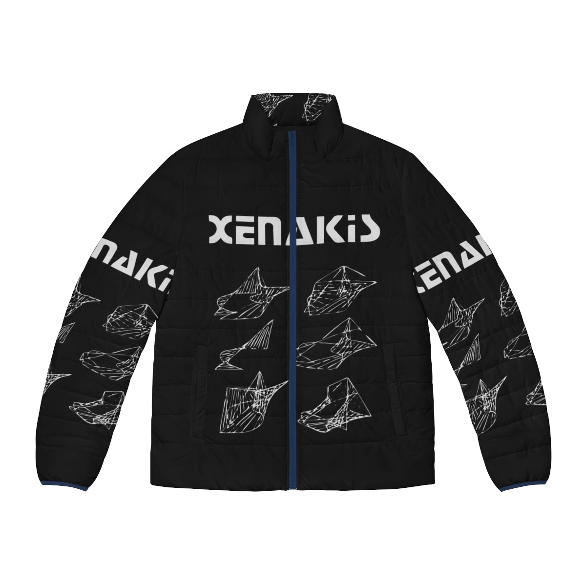 Iannis Xenakis inspired puffer jacket with cosmic line art design