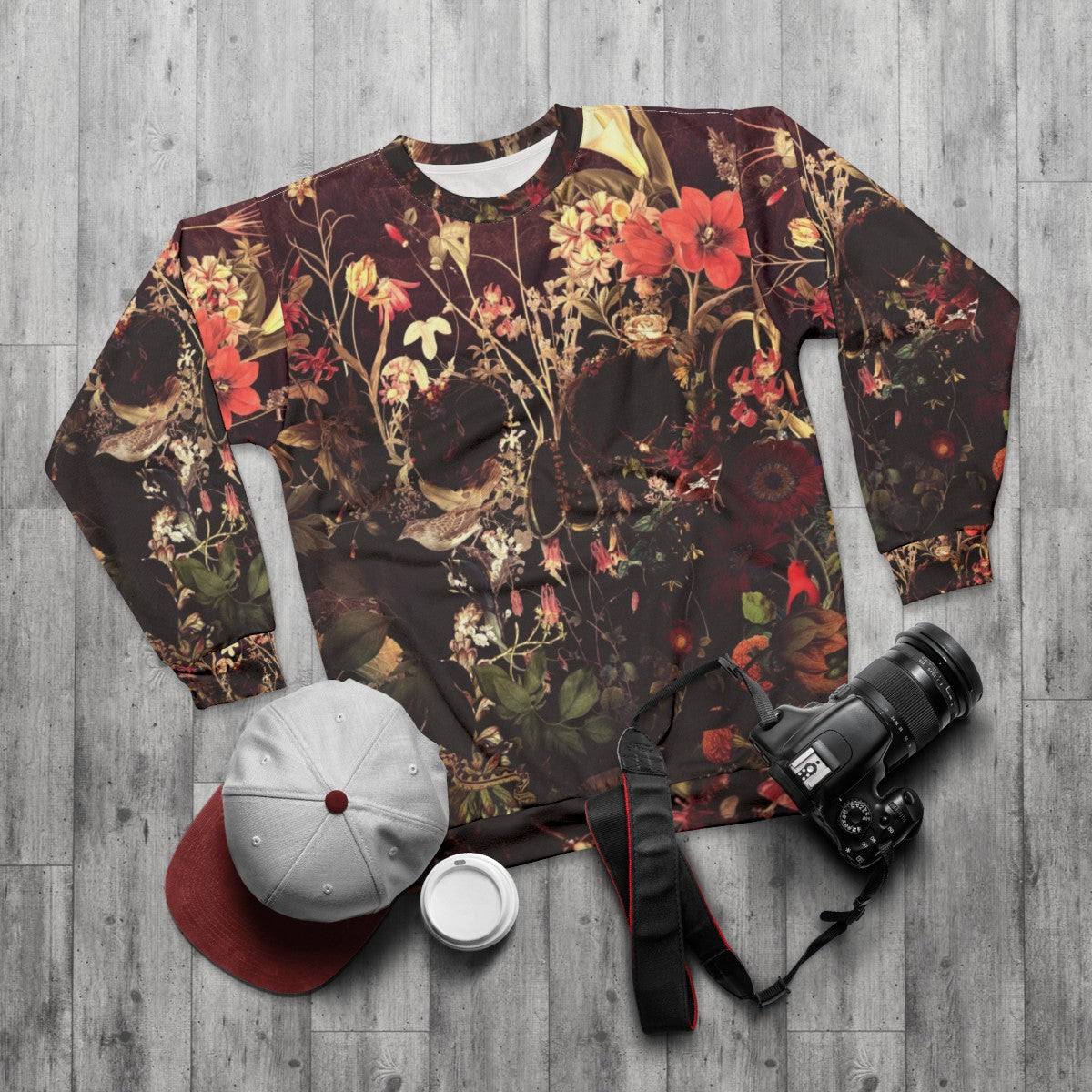 Bloom Skull Sweatshirt with Floral Gothic Skull Art - flat lay