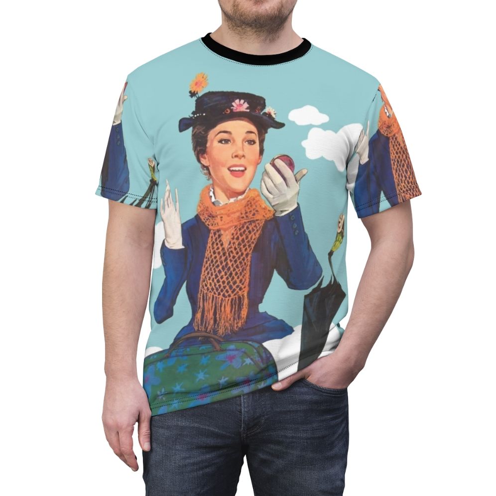 Vintage-inspired Mary Poppins t-shirt featuring the iconic parrot umbrella and Julie Andrews - men front