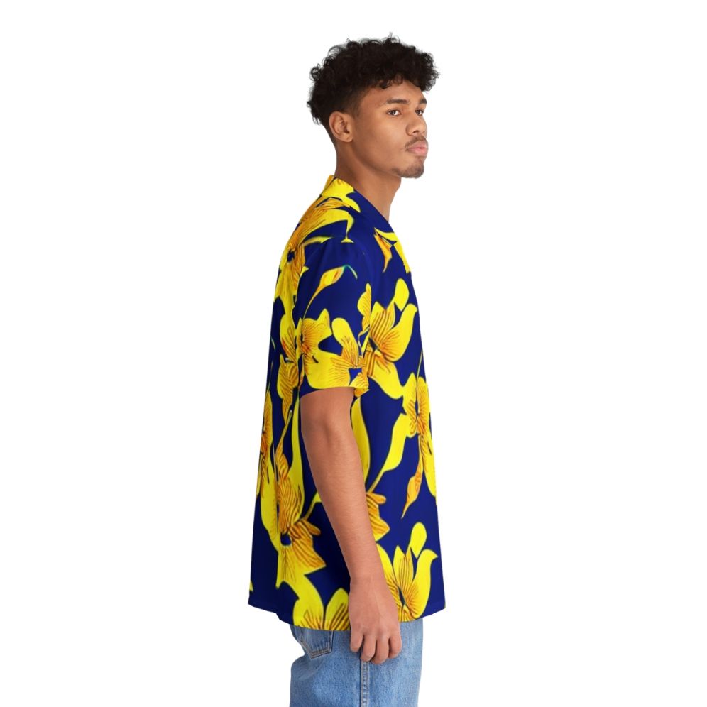 Blue Hawaiian shirt with abstract yellow floral pattern - People Pight