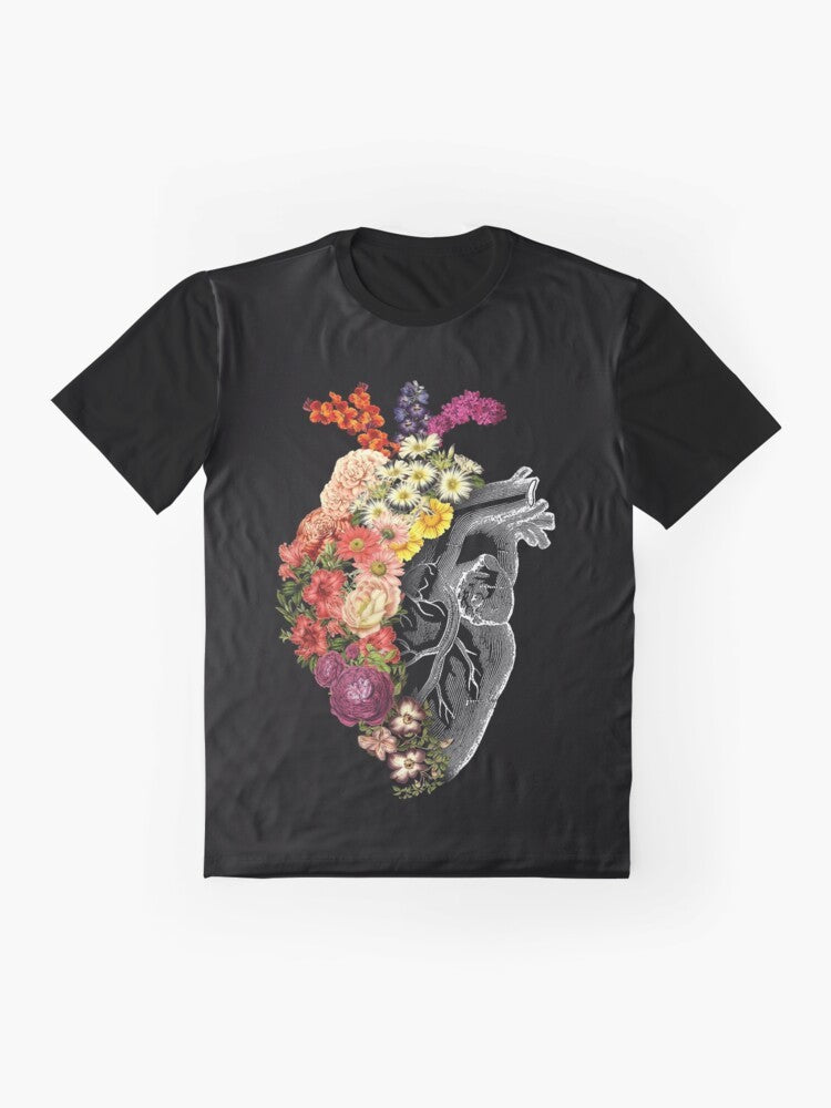 Graphic t-shirt with a flower heart design representing spring, transformation, and change. - Flat lay