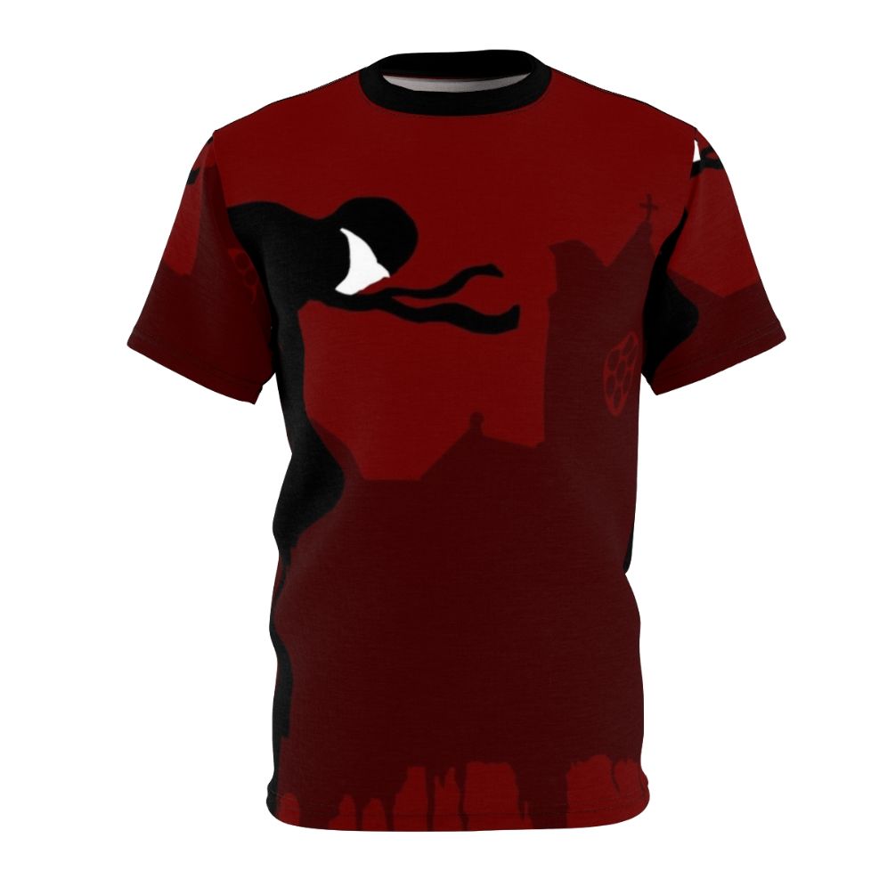 Illustration of a devil-like figure in a Daredevil-inspired minimalist design on a t-shirt