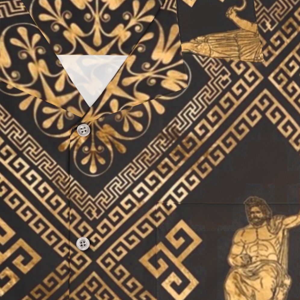 Greek deities and meander key ornament design on a black Hawaiian shirt - Detail