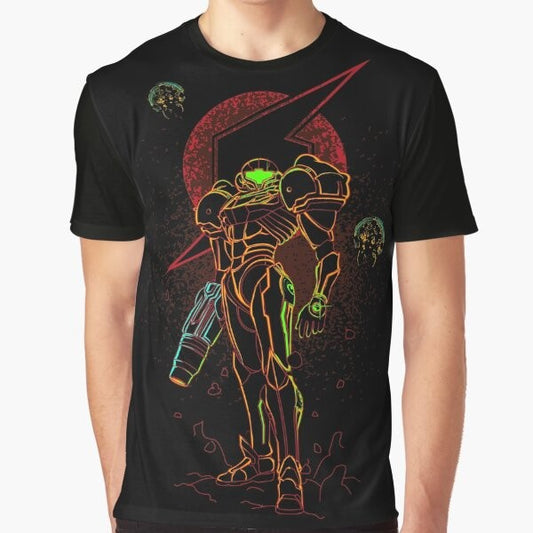 Bounty Hunter graphic t-shirt featuring a retro design inspired by video games and the Metroid universe