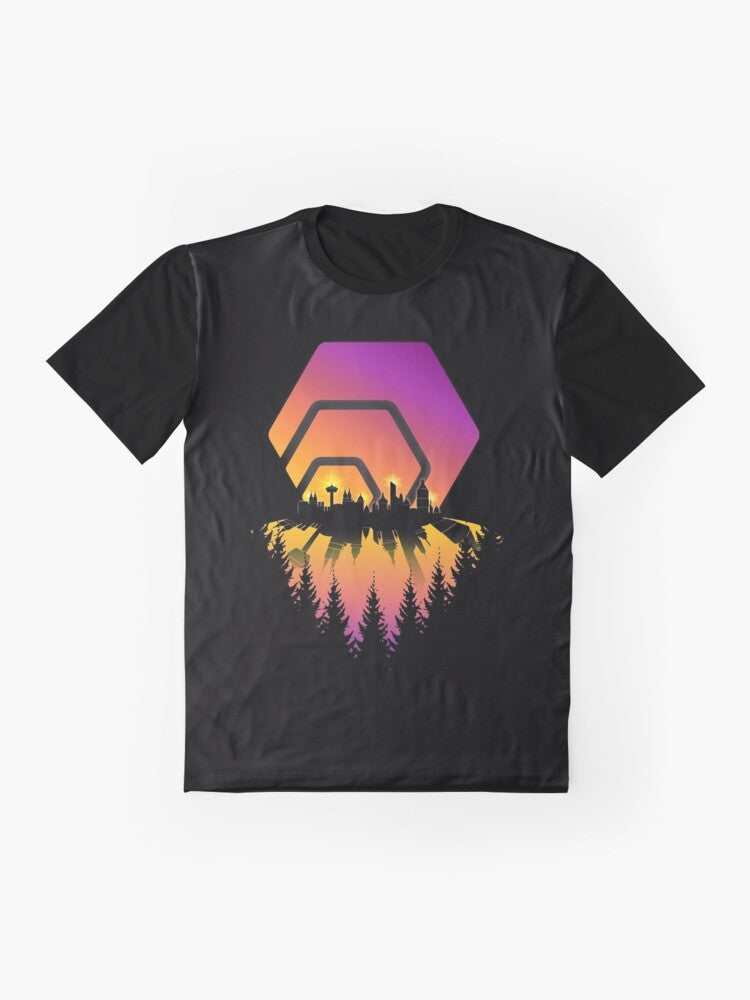 HEX Cryptocurrency Blockchain Graphic T-Shirt featuring a shining city skyline design - Flat lay