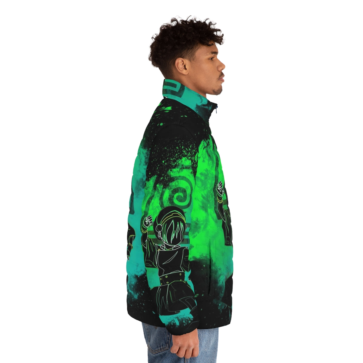 Avatar inspired colorful puffer jacket with nature design - men side right