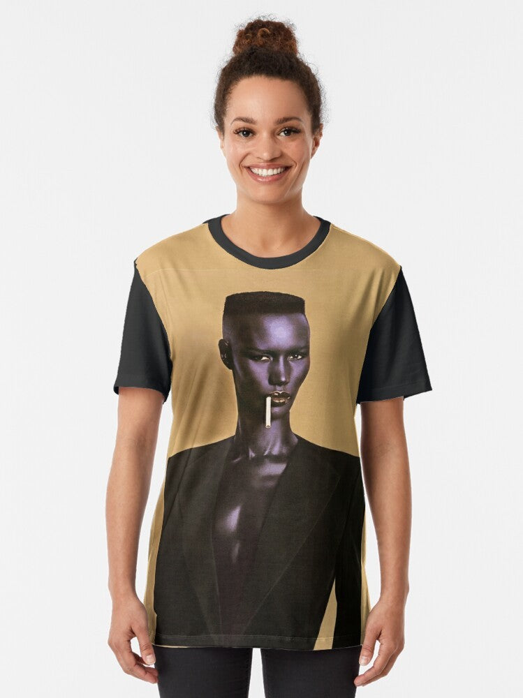 Graphic T-shirt featuring iconic image of Grace Jones, the legendary Jamaican singer and model known for her unique style and music in the 1980s. - Women