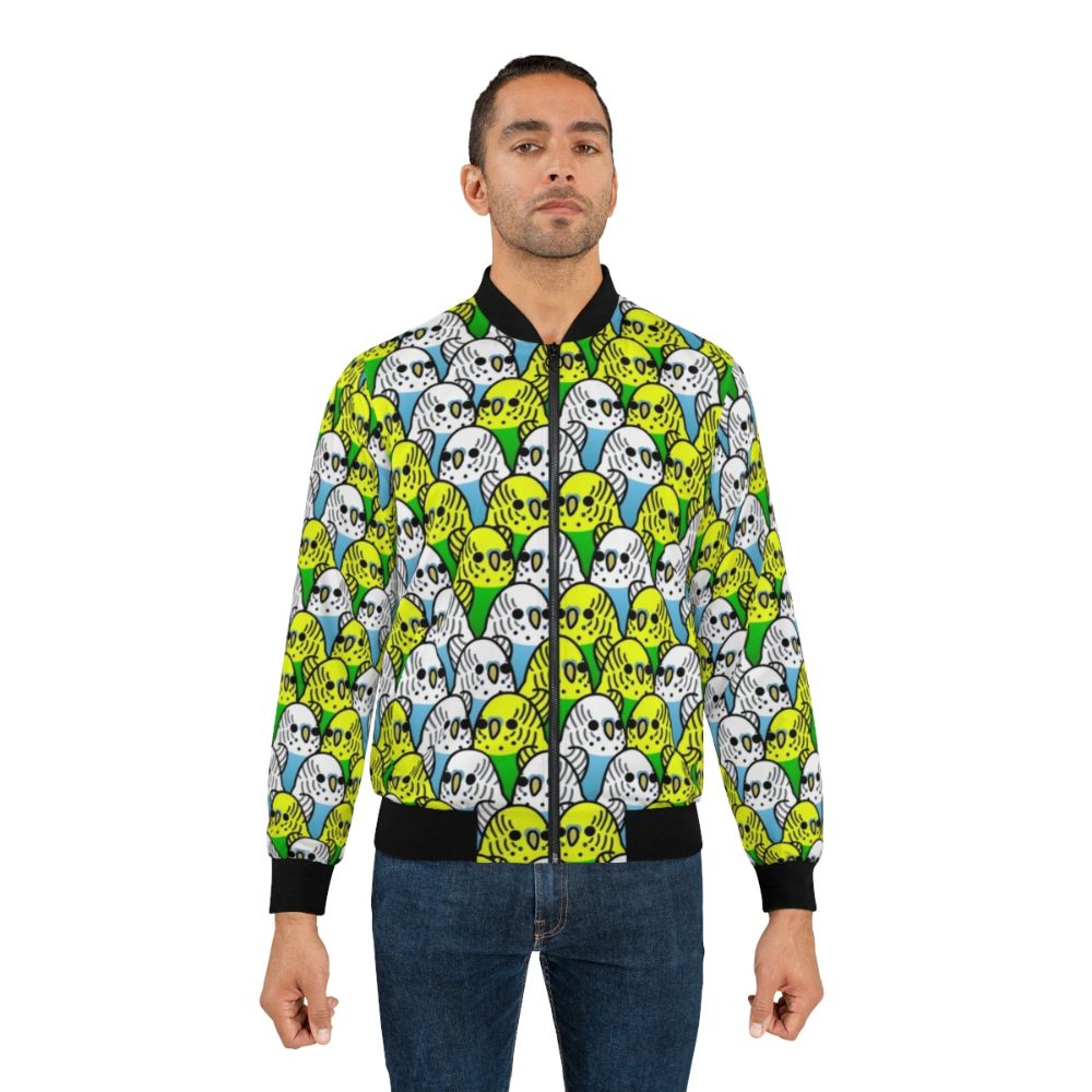 Colorful bird-themed bomber jacket with the text "Too Many Birds! Budgie Squad 1" - Lifestyle