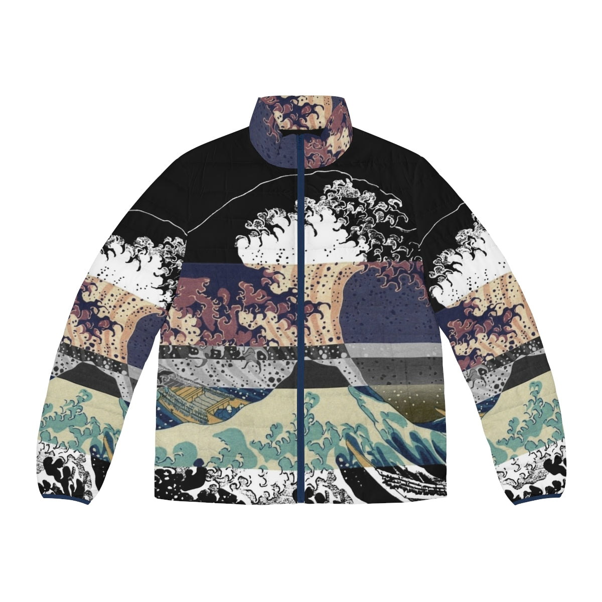 A puffer jacket featuring the iconic "Great Wave off Kanagawa" design with a color glitch effect, inspired by Japanese art and Tumblr aesthetics.