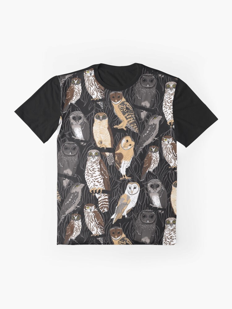 Graphic illustration of various Australian owl species including ninox strenua, tyto alba, and podargus strigoides on a t-shirt. - Flat lay