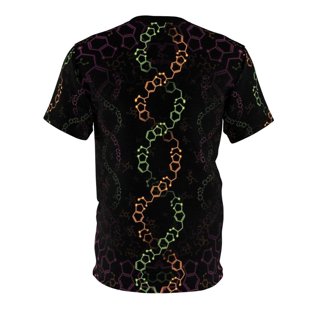 T-shirt featuring a psychedelic design of MDMA and 2C-B molecules, with a visionary, trippy aesthetic. - Back