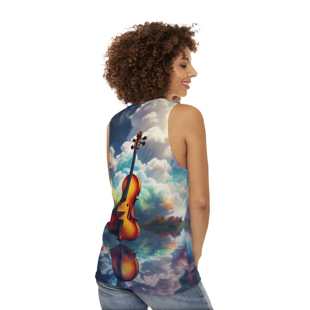 Unisex tank top with nature-inspired artistic landscape and melodic reflection - women back