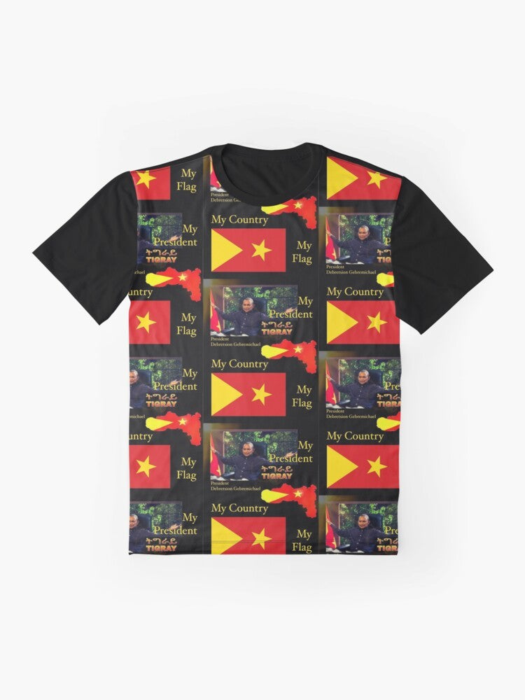 Graphic t-shirt featuring the Tigray flag and the text "Tigray Will Prevail" with President Debretsion Gebremichael's name. - Flat lay