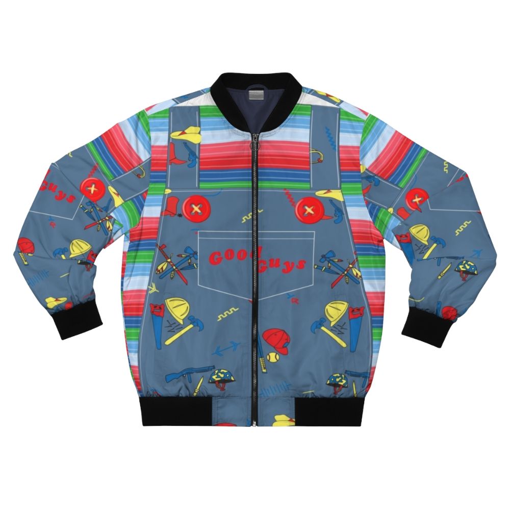 A Child's Play Chucky horror-themed bomber jacket for kids, featuring the iconic killer doll character.