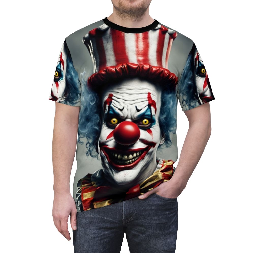 Sinister-looking clown with a creepy red nose and unsettling expression on an all-over-print t-shirt - men front