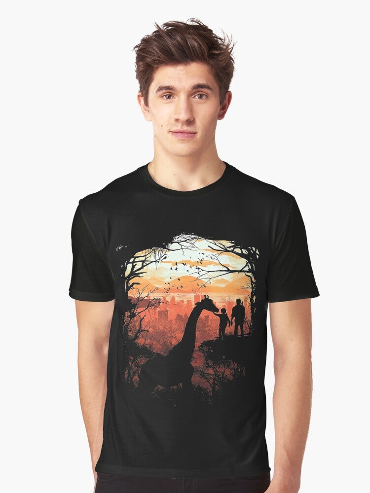 The Last of Us graphic t-shirt featuring a nature-inspired design with a giraffe, sunset, and forest - Men