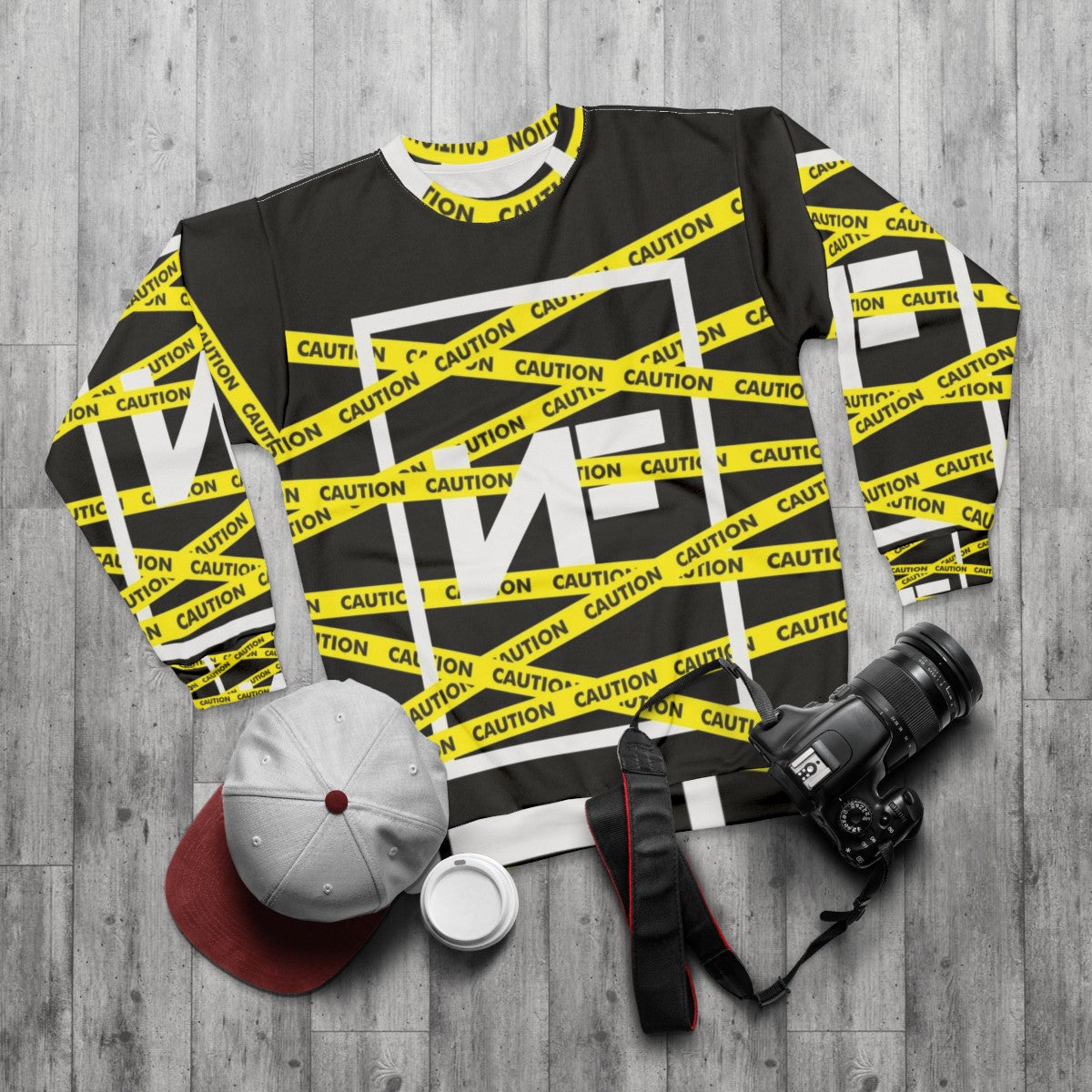 NF Caution Sweatshirt - Rap Merchandise for Music Fans - flat lay