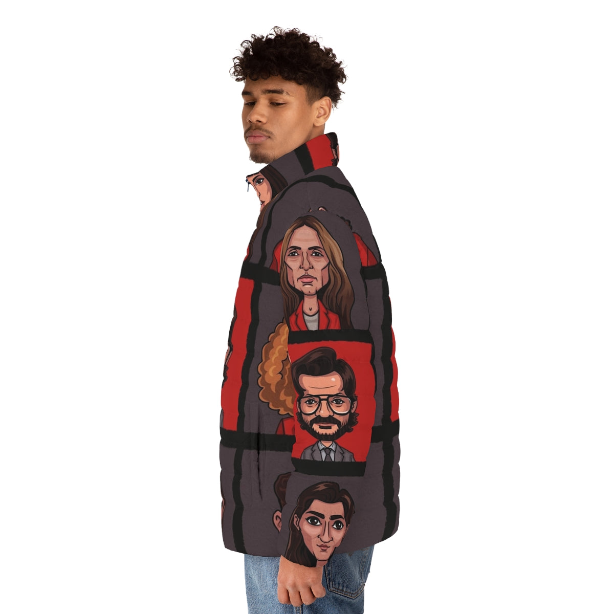 Money Heist Lineup Puffer Jacket featuring the main characters - men side left