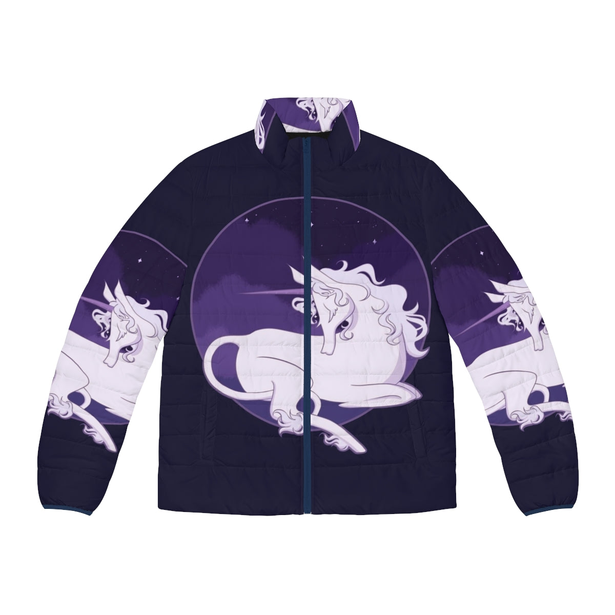 Unicorn puffer jacket in a whimsical woodland scene