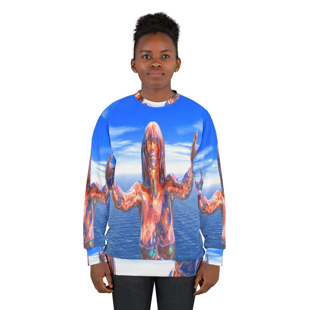 Zombie-themed sweatshirt with abstract, colorful design - women