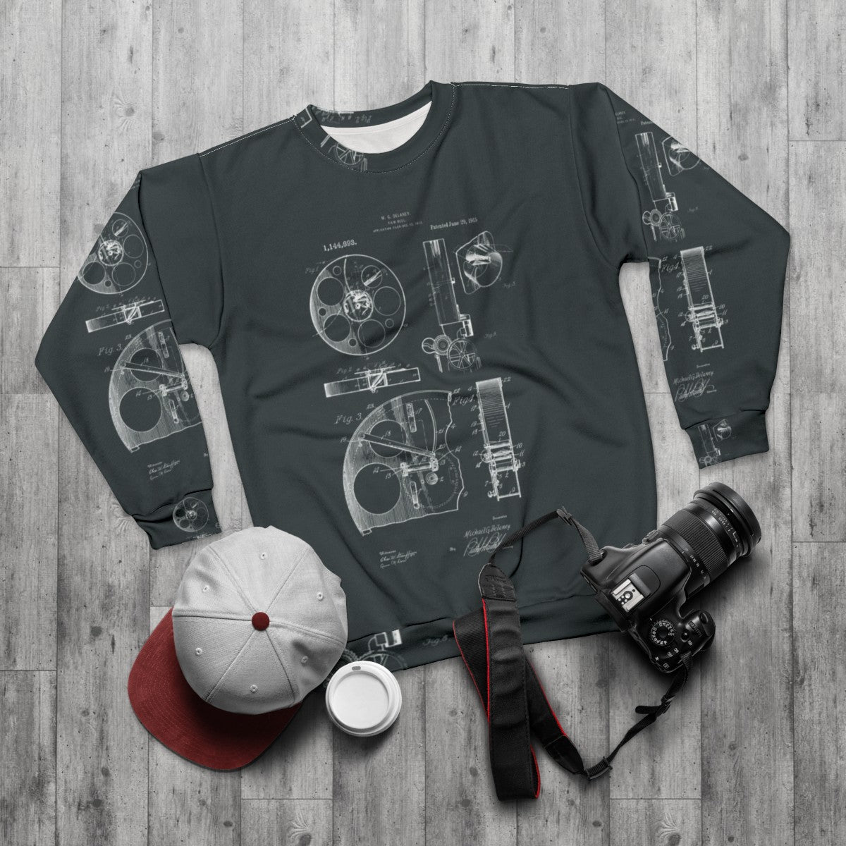 Vintage Cameraman Film Reel Patent Drawings Sweatshirt - flat lay