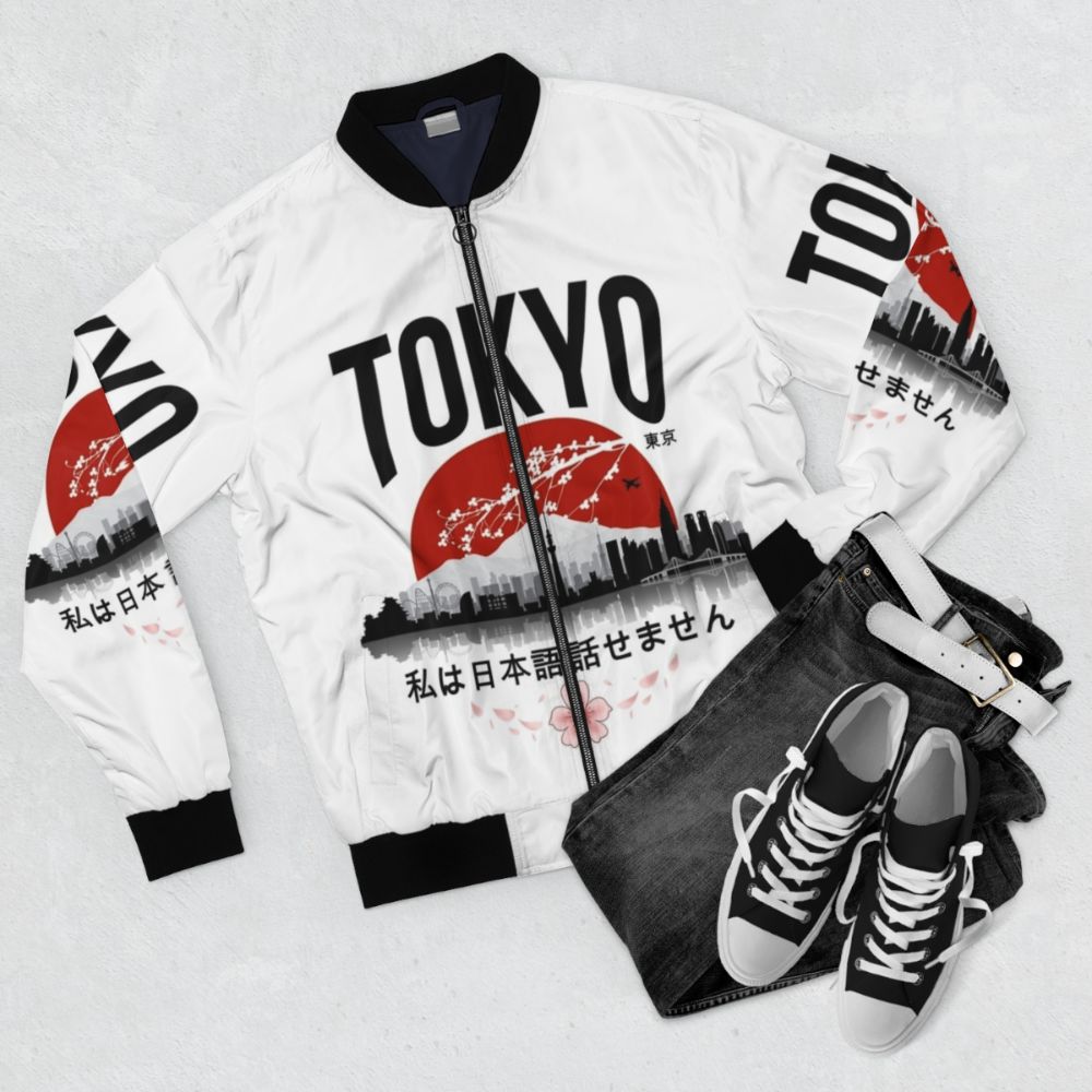 Black Japanese bomber jacket with "I don't speak Japanese" text design - Flat lay