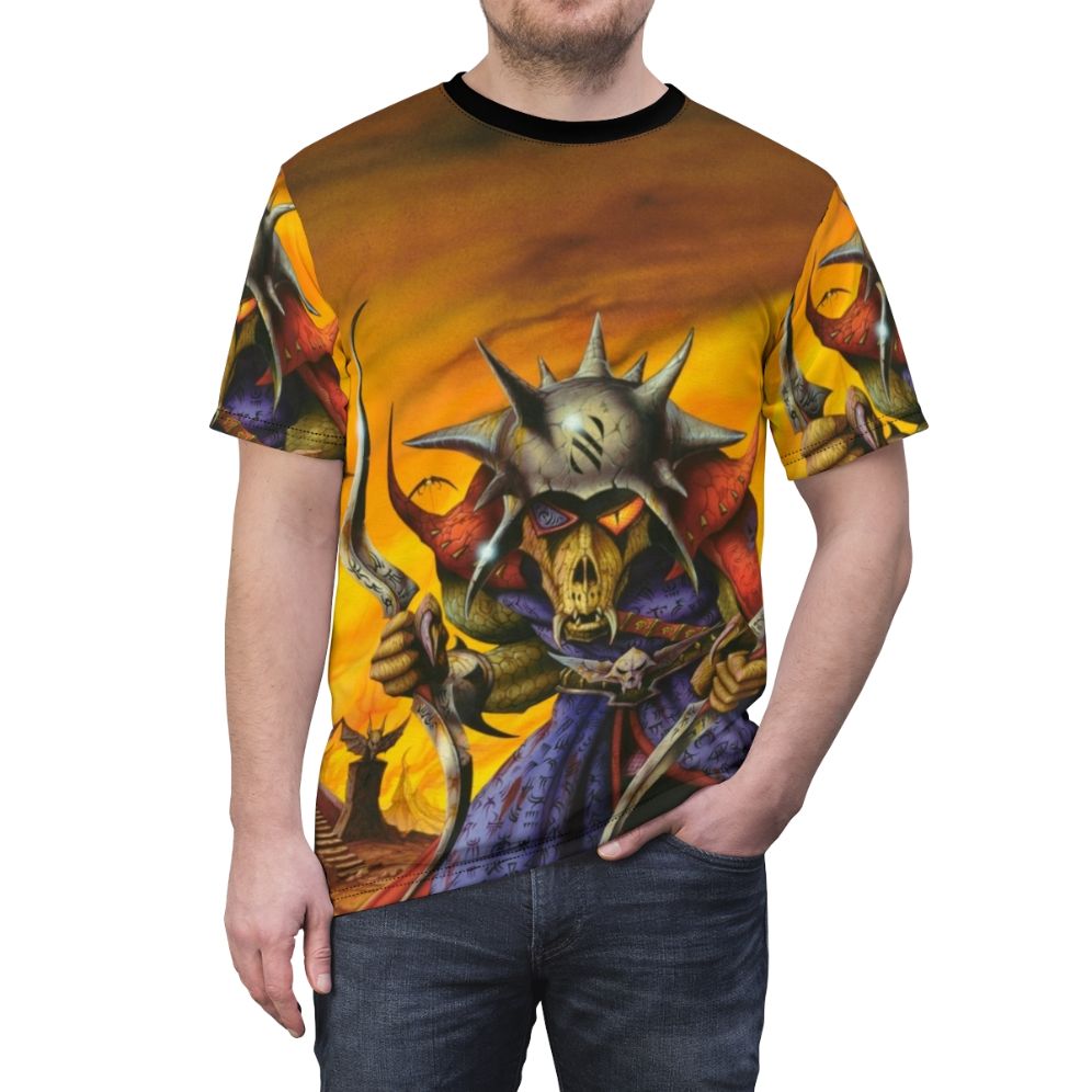 Fiery fantasy art inspired heavy metal t-shirt with skulls, snakes, bats, and villainous imagery - men front