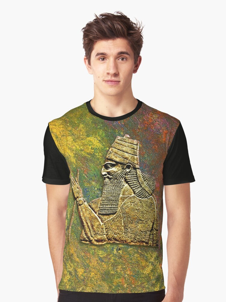 Graphic t-shirt featuring an illustration of an Assyrian king with cultural and historical elements - Men