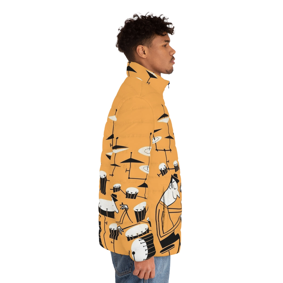 Puffer jacket with a graphic design of a funky drummer and the text "Play That Beat" - men side right