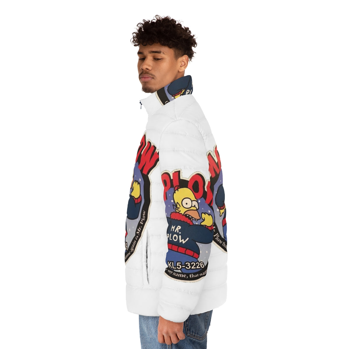 Mr Plow Retro Puffer Jacket with a snow plow design - men side left